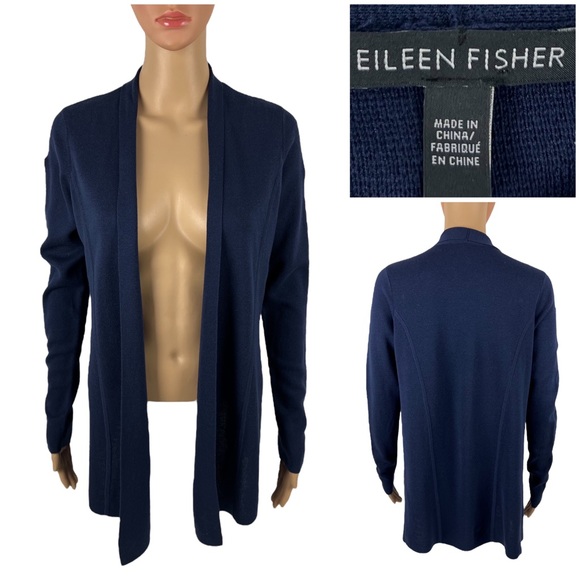 Eileen Fisher Women Small Cardigan Silk Cotton Open Front Navy Blue Raw Hem EUC